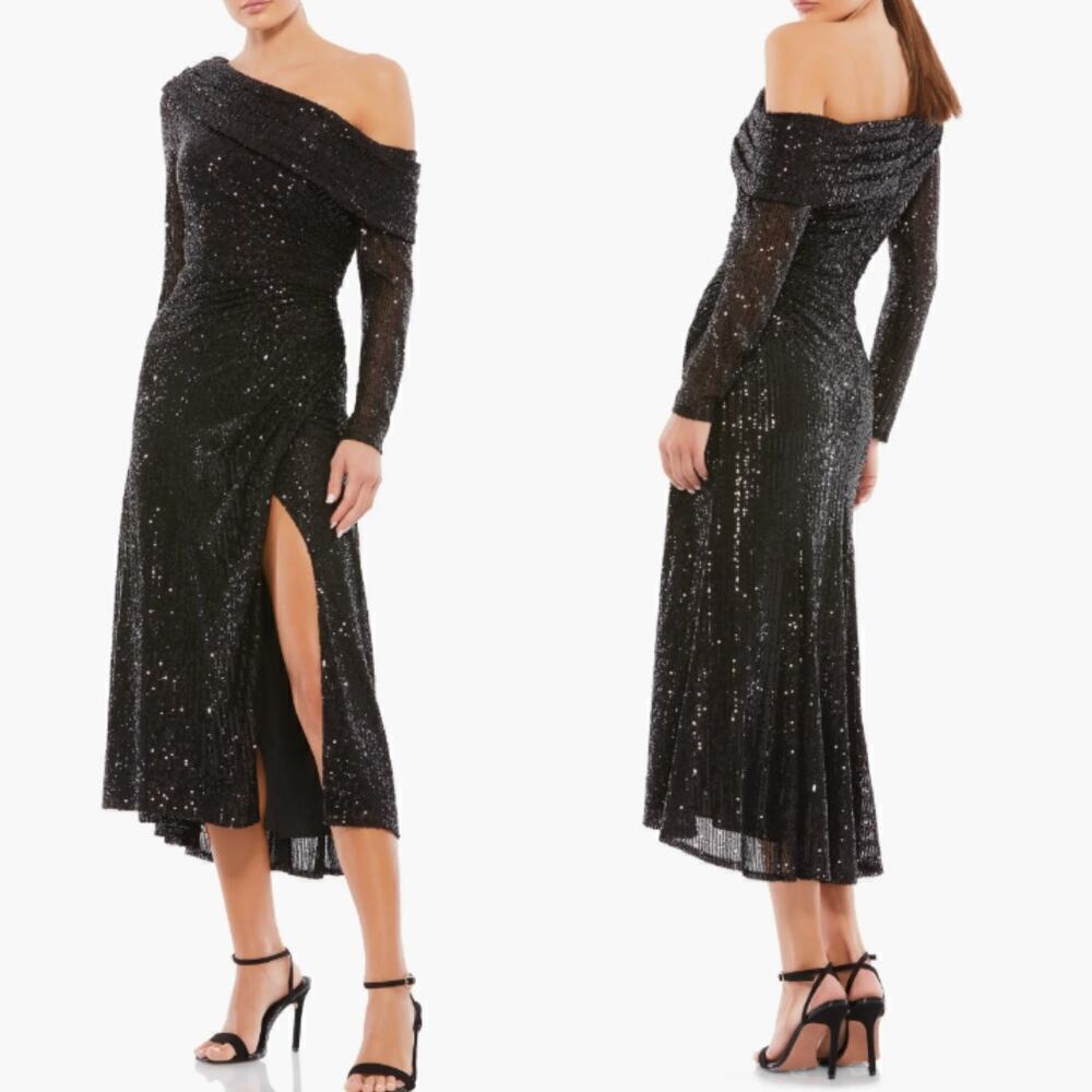 NWT Leena For Mac Duggal Black Sequin One-Shoulder Long Sleeve Midi Dress Size 4